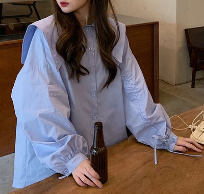 ＳｅｙｅＳ  復古古著韓系設計感泡泡袖寬鬆海軍領襯衫