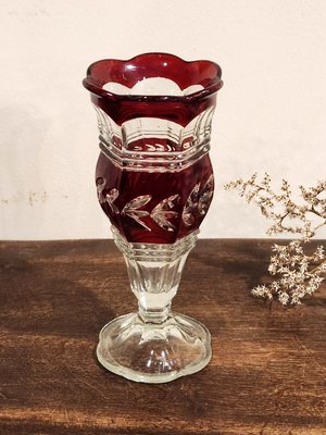 義大利 莓紅 立體 深雕刻 厚實 水晶玻璃 花瓶  g0708【卡卡頌  歐洲古董】✬
