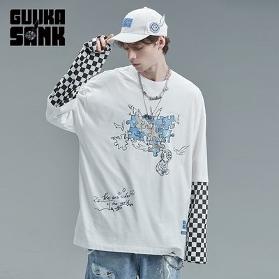 GUUKA&amp;SANK藏克聯名格紋拼接白色長袖T恤男潮牌天空印花長T恤款式