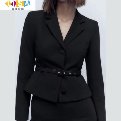 ZARA 秋冬黑色短版收腰高級感腰帶小西裝外套女7102323 800~麗莎服飾