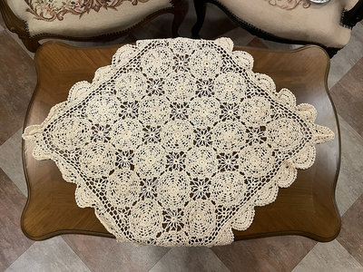 法國手工米白色棉麻方型蕾絲大桌巾  #823022