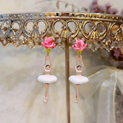 直購#Les Nereides芭蕾女孩經典 蓮花靜雅白粉色漸變 耳環耳夾