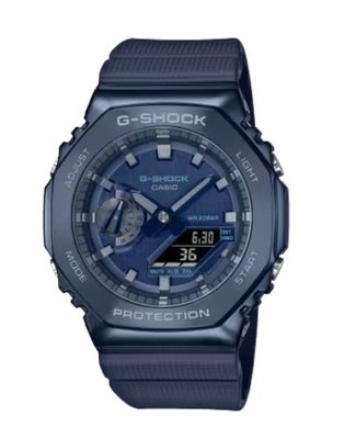 【台南時代鐘錶 CASIO】卡西歐 G-SHOCK 農家橡樹 八角金屬殼 防水 運動雙顯錶 GM-2100N-2A 藍