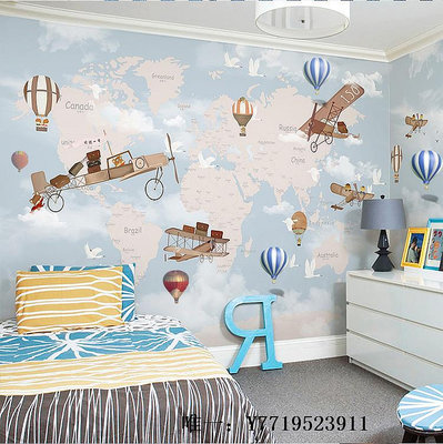 地圖兒童房墻紙男孩臥室背景熱氣球墻布卡通飛機壁畫世界地圖壁紙掛圖