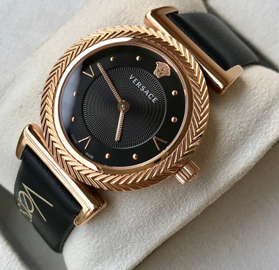 VERSACE V-Motif 黑色錶盤 黑色皮革錶帶 女士 石英手錶 VERE00818