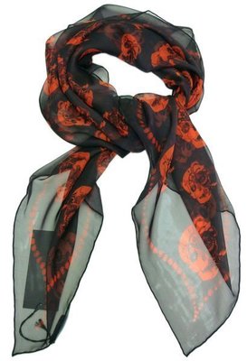 Alexander McQueen 302276 Skull-print Silk scarf 海螺骷顱披肩絲巾黑/橘