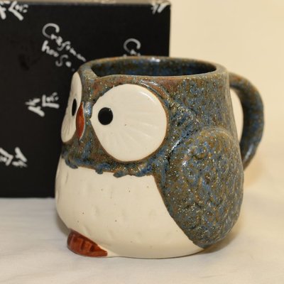 貓頭鷹 陶瓷馬克杯 日本製造 藍墨色