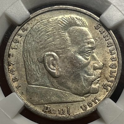 此品種很難出高分，1936年德國銀幣5馬克，原光高分62五彩QR-12314