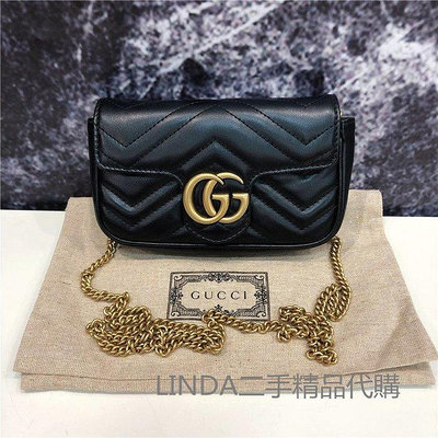 LINDA二手精品 GUCCI 古馳 476433 GG Marmont mini 迷你手袋 鏈條包 肩背包 斜跨包 黑