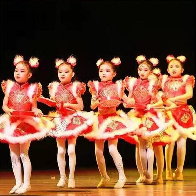 兒童喜慶打鼓表演服開門紅夢娃男女童燈籠舞蹈裙中國紅秧歌演出服-kby科貝