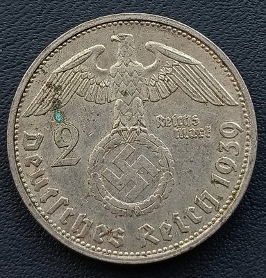 德國  1939年  G(卡爾斯魯厄廠)  納粹德國   2馬克  興登堡    銀幣(62.5%銀)    2265