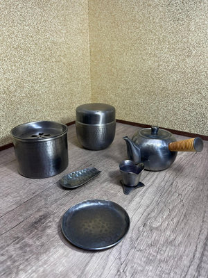 日本進口 中古日本 福壽堂作高端厚純銅 熏銀 茶道具1套6