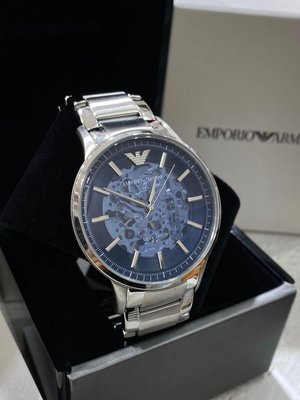 EMPORIO ARMANI Renato 藍色面鏤空錶盤 銀色不鏽鋼錶帶 男士 自動機械錶 AR60037 亞曼尼腕錶