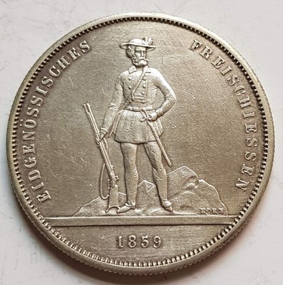 瑞士銀幣 1859 Swiss Zurich 5 Francs Shooting Thaler,
