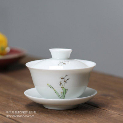 茶藝師 手繪水仙小蓋碗 傳統潮州陶瓷功夫茶具三才杯 泡茶碗 蓋歐 小號