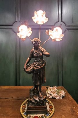 【卡卡頌  歐洲古董】(大件)法國老件 少女 海洋 貝殼 花朵燈罩  雕塑 簽名 桌燈 檯燈  la0220 ✬