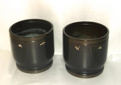 【日本古漾】112001 日本昭和時期 銅製火缽 真鍮製 火鉢 一對 直徑24.5 高24 CM 火缽