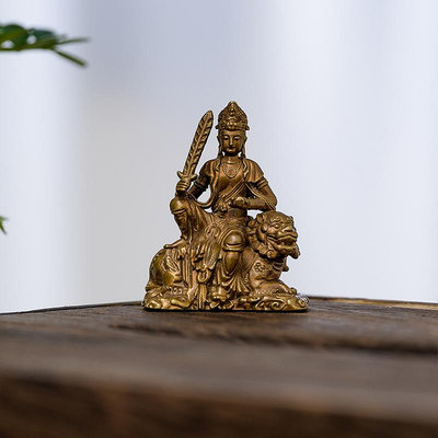 青獅文殊菩薩坐像擺件文殊普賢菩薩銅小佛像精致書房茶空間裝飾品