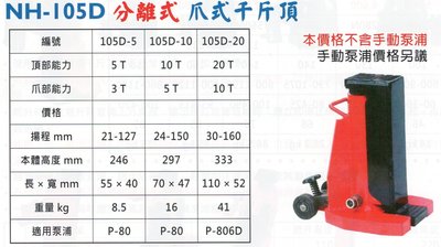 分離式爪式千斤頂 105D-5/105D-10/105D-20 本價格不含手動泵浦