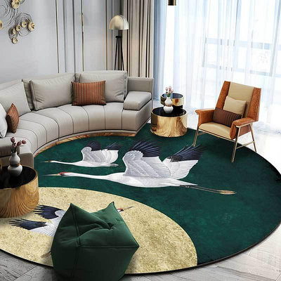 跨境新中式輕奢金色深綠白仙鶴飛鶴客廳臥室吊籃椅圓形地墊地毯
