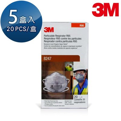 【醫碩科技】3M R95等級工業防塵活性碳成人口罩 微細粉塵 20個*5盒 8247*5