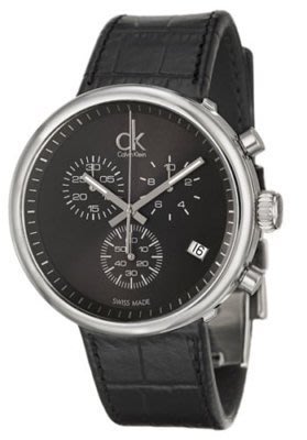 CK 專櫃正品 男女中性錶款 黑色鱷魚皮紋真皮錶帶 Calvin Klein 三眼計時手錶 K2N281C1