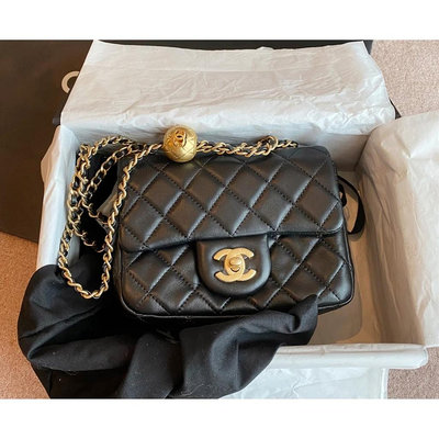 ❤️小艾精品 CHANEL 香奈兒 黑色 小羊皮 mini 18cm 金球鍊 方胖子 AS1786 斜背包#