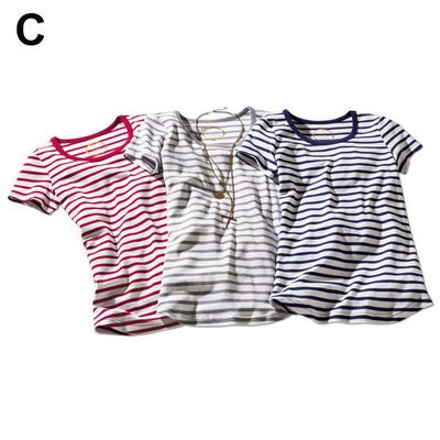 全新現貨日本進口nissen女裝純棉海洋風條紋短袖T恤三件組---L.LL(C)