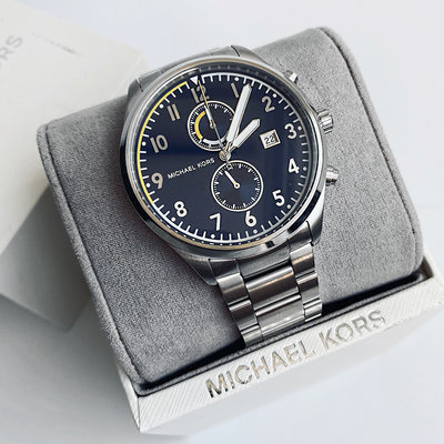 美國百分百【Michael Kors】手錶 MK8574 男錶 MK 不鏽鋼 雙眼 禮盒專櫃配件 藍面 銀色 J036