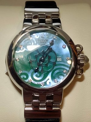 {銨鑫精品}#帝舵玫瑰系列35400翡翠綠珍珠貝母面盤鑲鑽緞質錶帶腕錶