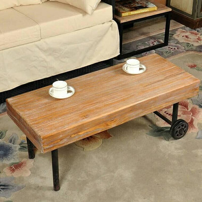 〈台灣甄選〉0426 美式鄉村 LOFT工業鐵藝 復古做舊 茶几 實木桌子帶輪 方桌 咖啡桌
