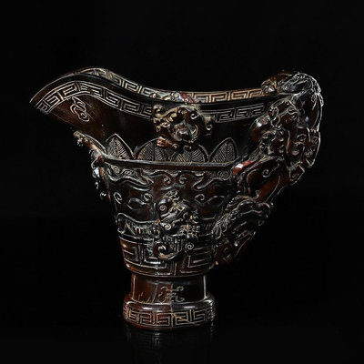 古玩古玩雜項古董老貨收藏真品西藏牦牛角雕刻螭龍牛角杯桌案裝飾擺件