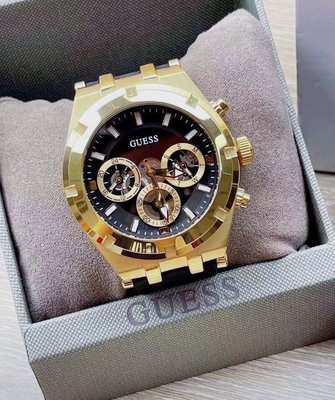 GUESS Continental 金色配黑色面錶盤 黑色皮革錶帶 石英 男士手錶 GW0262G2