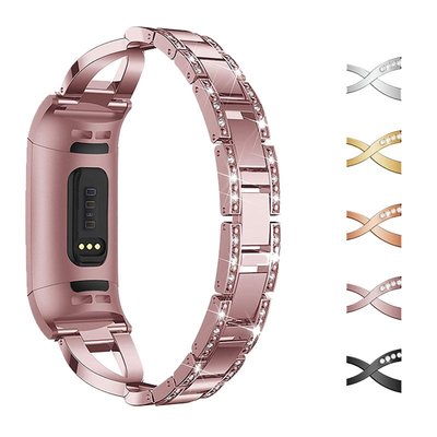 適用於菲比fitbit charge3/charge4智能手錶金屬X型鑲鑽錶帶 charge5不鏽鋼金屬鑲鑽錶帶-CC1011