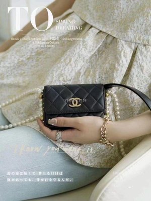 【二手】Chanel 香奈兒21新款黑金 珍珠 mini woc卡包 小牛皮珍珠鏈錢包