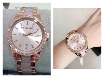 MICHAEL KORS MK玫瑰金配粉色 不鏽鋼錶帶 晶鑽 石英 女士手錶 MK6349