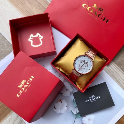 現貨COACH 牛年限量款 白色水晶鑲嵌 精鋼錶帶手錶 石英女錶 腕錶 時尚百搭 美國代購100%正品明星同款熱銷