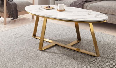 【N D Furniture】台南在地家具-電鍍金色不銹鋼腳座人造石面橢圓茶几YH