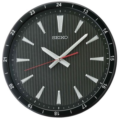 SEIKO CLOCK掛鐘(滑動式秒針),黑色碳纖維條紋面銀色立體刻劃黑色塑膠外殼大鐘徑35CM型號 : QXA802K