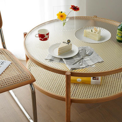 現貨 茶几 北歐圓形實木玻璃茶幾組合家用小戶型客廳日式簡約藤編小圓桌子