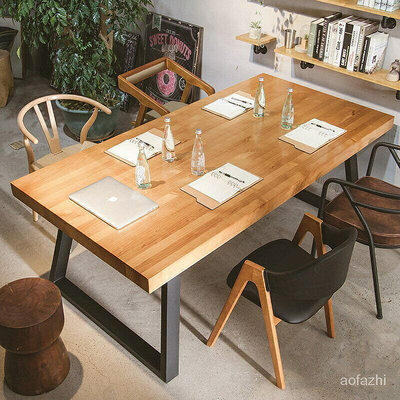 梯形架腳高檔5CM厚實木板餐桌輕奢復古簡約長方形家用辦公會議室書房小戶~訂金