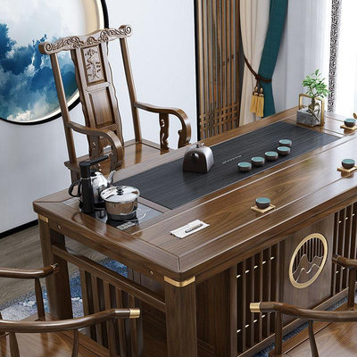 根雕茶桌餐邊柜實木椅組合仿古現代簡約臺南榆木茶幾桌辦公室套裝
