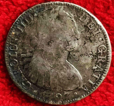 老包漿西屬墨西哥卡洛斯四世1797年8R雙柱大銀幣