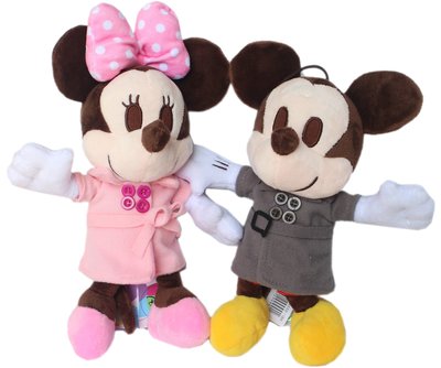 【卡漫迷】 米奇 米妮 玩偶 兩隻組 粉灰風衣26cm ㊣版 Mickey 米老鼠 Minnie 布偶 絨毛 娃娃 吊飾