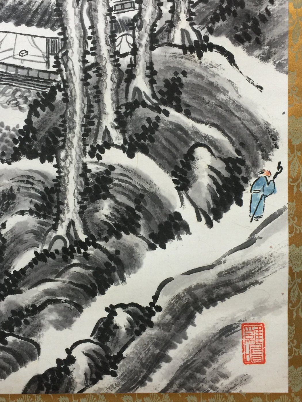 【松果坊】日本茶掛『幽峰』畫水墨山水日本傳統精緻裱褙掛軸共箱 