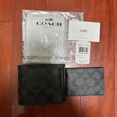 COACH PVC LOGO防刮皮革短夾(附證件夾)(黑灰) F74993
