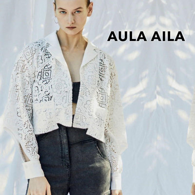 SHINY SPO 獨家代理日本設計師品牌AULA AILA 異材質拼接小方格鏤空設計花朵立體蕾絲特殊袖口設計造型上衣襯衫外套