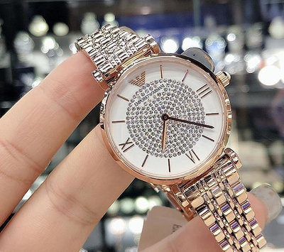 二手全新阿瑪尼手錶女滿天星明星同款鑲鑽玫瑰金女士腕錶AR11244