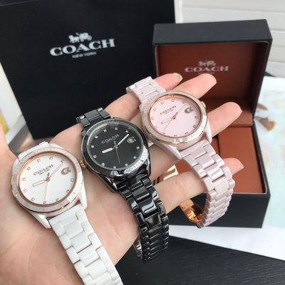 【King女王代購】 COACH 新款Preston系列女士手錶 水晶鑽石時標 新型陶瓷錶帶 簡約大方 三色可選