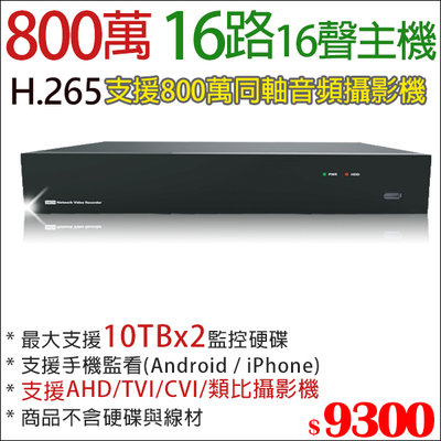 4K監視器 800萬 8MP H.265 16路16聲 同軸音頻 AHD TVI CVI 類比 監控主機 雙碟